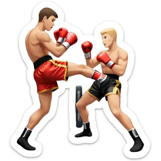 An icon showcasing a high-energy kickboxing match. Two fighters in action, one delivering a powerful roundhouse kick while the other defends with gloves raised. The background features a professional ring with bright lights and a cheering crowd. Transparent background. sticker