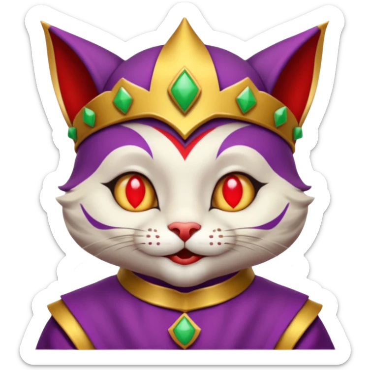 crazy colorful cute little cat jolly joker from poker, medieval, vintage, court jester, mac os icon, purple, gold and red color, half body sticker