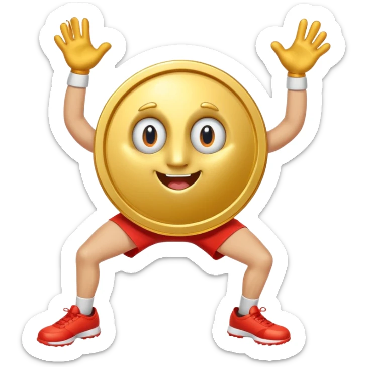 coin mascot with eyes, mouth, arms and legs. playing sports sticker
