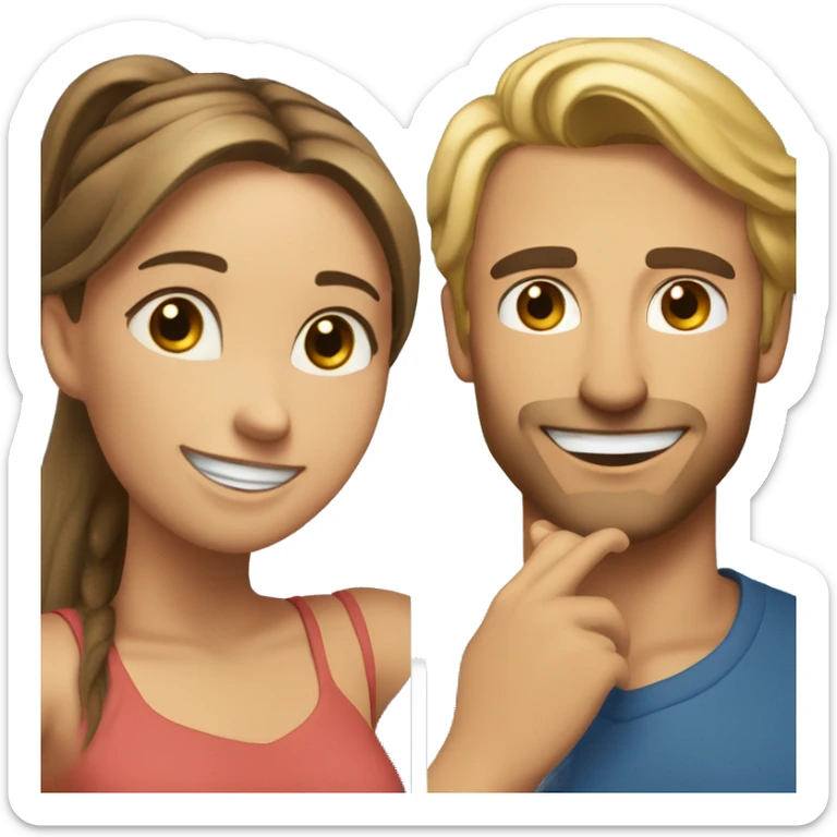 Woman and man smiling, woman has straight Brown hair in a ponytail, slightly sunkissed skin, man has blonde long hair in a ponytail, slightly sunkissed skin sticker
