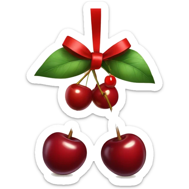 An emoji of two cherries hanging from a ribbon bow, with the cherries dangling below the tied bow sticker