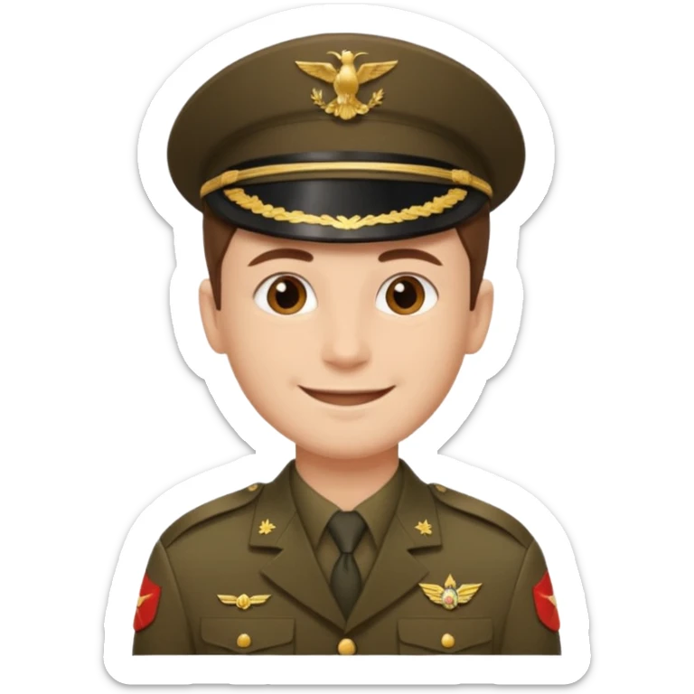 man with short brown hair and fair skin (without a mustache), wearing a brown military uniform, smiling."
 sticker