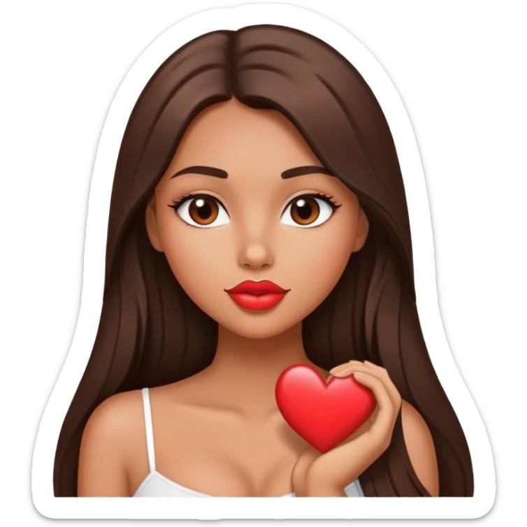 tanned beautiful girl with pump lips and brunette straight long hair showing heart sticker
