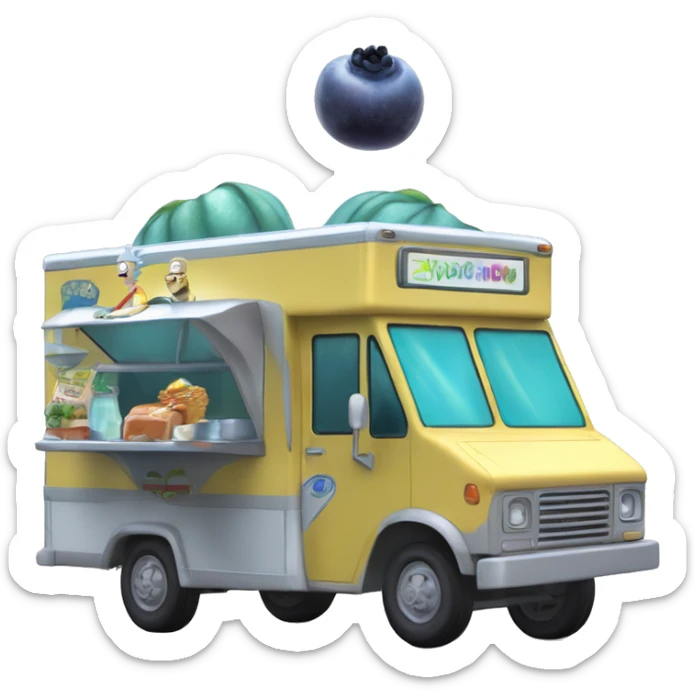 Rick and Morty’s ,space faring and Flying,Food truck selling blueberries baby food  sticker