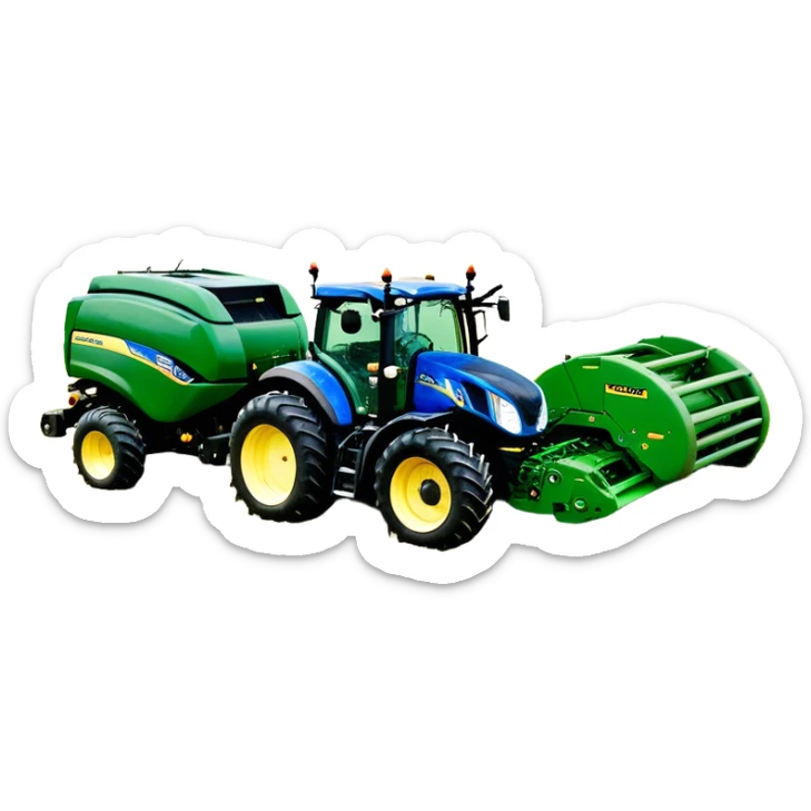 Baler – New Holland Roll-Belt 560 (2018) – Cinematic-realistic John Deere 6155M tractor towing a New Holland Roll-Belt 560 baler, its deep green body contrasting with the bright blue baler. The massive machine moves steadily through golden fields, compressing freshly cut hay into tight round bales, while dust swirls under the blazing afternoon sun. sticker