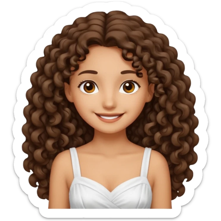 Light tanned skin girl with dark brown very long curly hair, dark eyes, white dress sticker