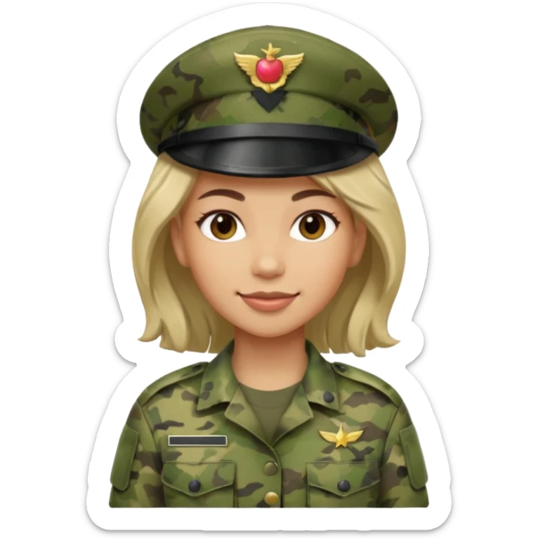 Female soldier emoji in Apple style, no cap/helmet, bust portrait, gentle smile, generic camo, hair visible, soft gradients, transparent PNG sticker