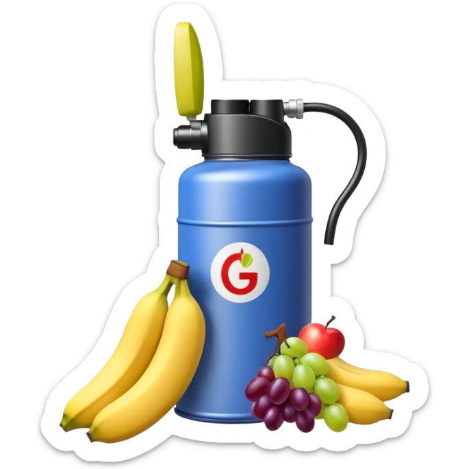 gasoline canister surrounded by a banana, an apple, and grapes, fuel can with fruits arranged around it sticker
