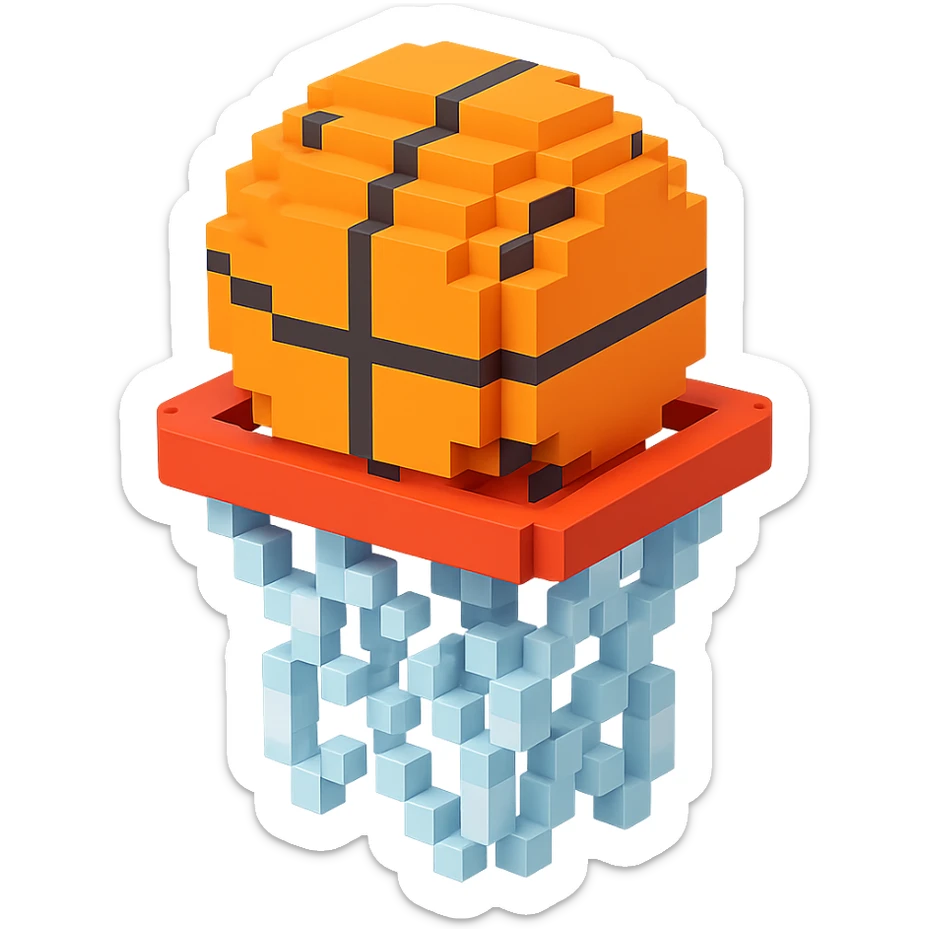 Voxel-style basketball in a net, no background, variation 1. sticker