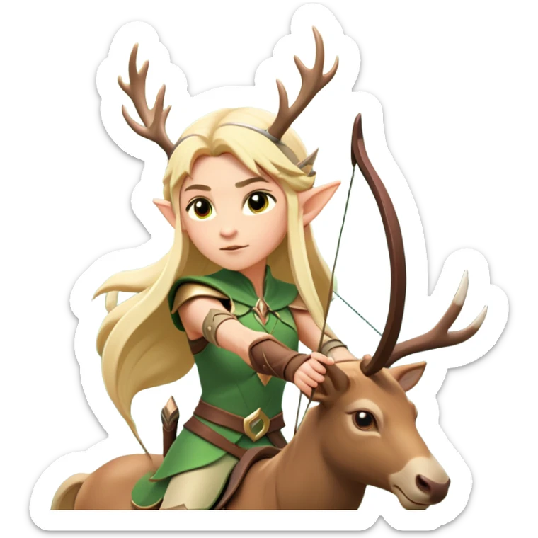 clash-of-clans-aesthetic-blond-elf-archer-portrait-emoji, rendered in a flat, vector-style with minimal shading and bold, simplified shapes, head tilted slightly forward with a determined, focused expression, riding a majestic stag whose luminous antlers glow with mystical energy, set against an ancient, enchanted forest backdrop. sticker