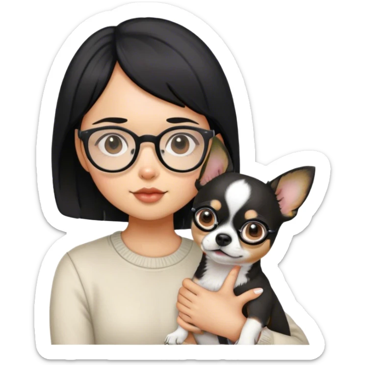girl whit short black hair wear glasses and hold a chihwahwa dog sticker