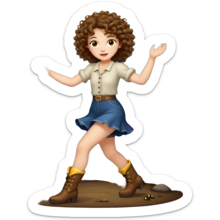 full body woman short curly brown mullet hair brown eyes white skin dancing with fireflies around boots sticker