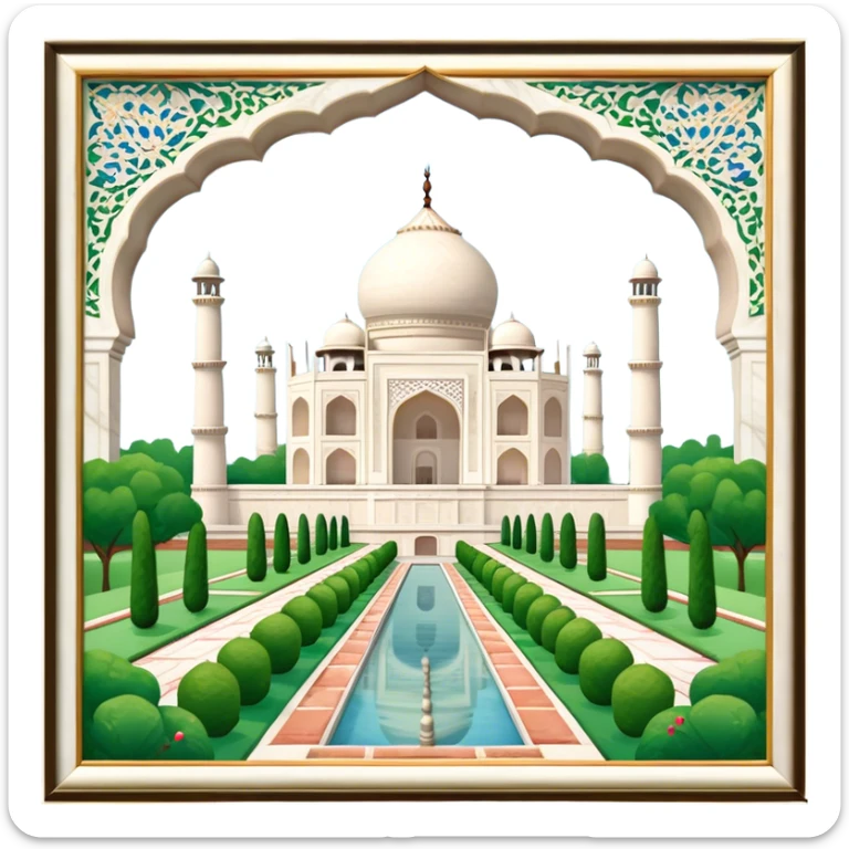 Cinematic Realistic Taj Mahal Landmark Emoji, depicted as the iconic marble mausoleum set amidst lush gardens rendered with intricate detail and ethereal, soft lighting. sticker