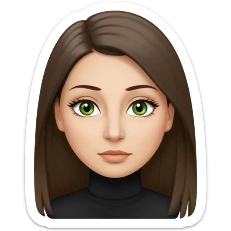 40 year old Adult woman avatar, light skin tone, oval face, long straight ashy brown hair, green almond-shaped eyes with dramatic eyelashes and minimal eyeliner, neutral mouth, medium straight eyebrows, small nose, smooth skin sticker