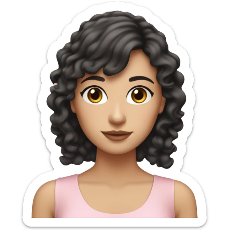 White woman with long black curly hair and bangs and dark brown eyes, wearing a pastel pink dress sticker