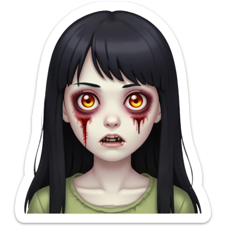 make a zombie girl with long black hair and straight bangs in the middle of the forehead  sticker