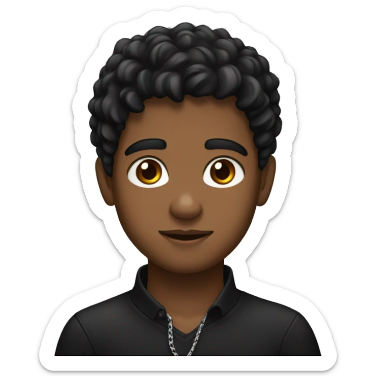 A brown skinned boy with an edgar and black coloured hair and brown eyes and a black shirt with a silver chain around his neck sticker