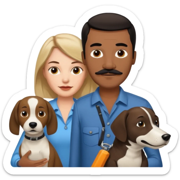 Quiero a una mujer blanca  con el pelo por el hombro lacio castaño claro con un hombre morochito con el pelo negro y bigote, y un perro blanco tipo perro cabeza de martillo sticker