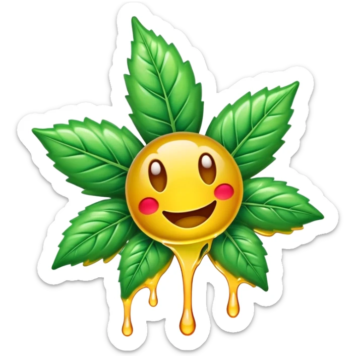 generate an emoji-style image of a juicy gummy shaped like a marijuana flower, make it colorful and with liquid dripping out sticker