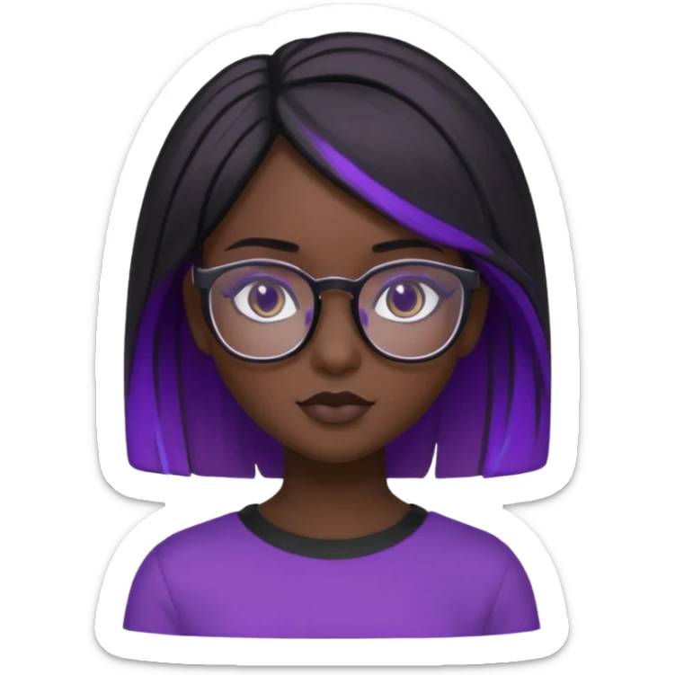 chica bonita con ligero cabello negro con rayas moradas que llega hasta los hombros con lentes cuadrados de estatura pequeña con ropa negra con otro estilo de cabello sticker