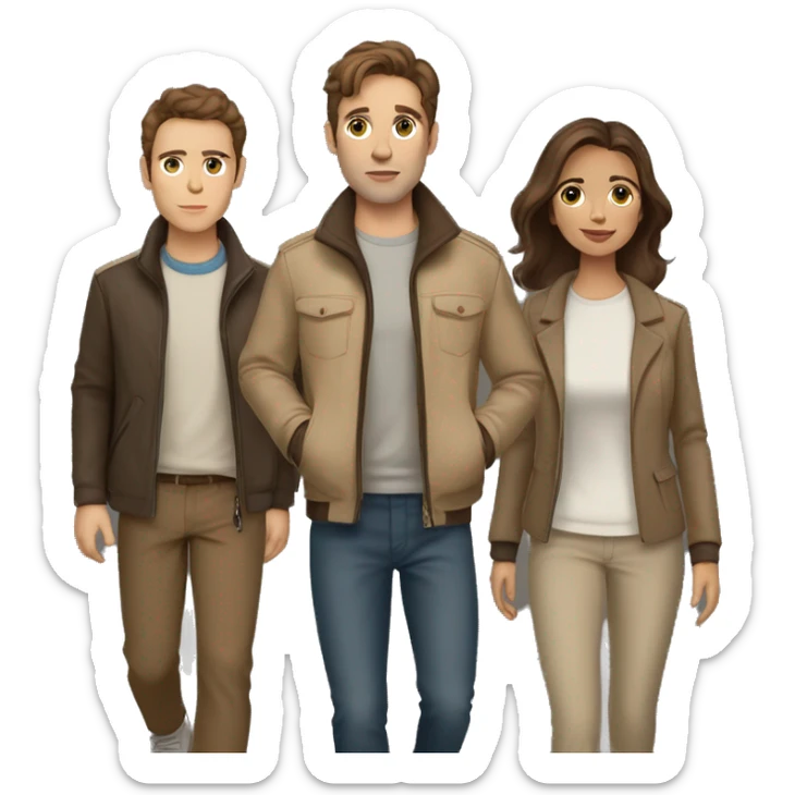 Couple with brown hair and beige jackets and brown pants outfit on a late night walk with a jack russell terrier sticker