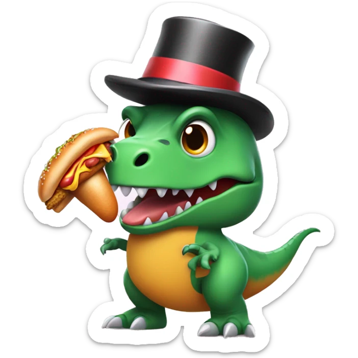 T-Rex wearing a hotdog costume , and a top hat holding a chicken sticker