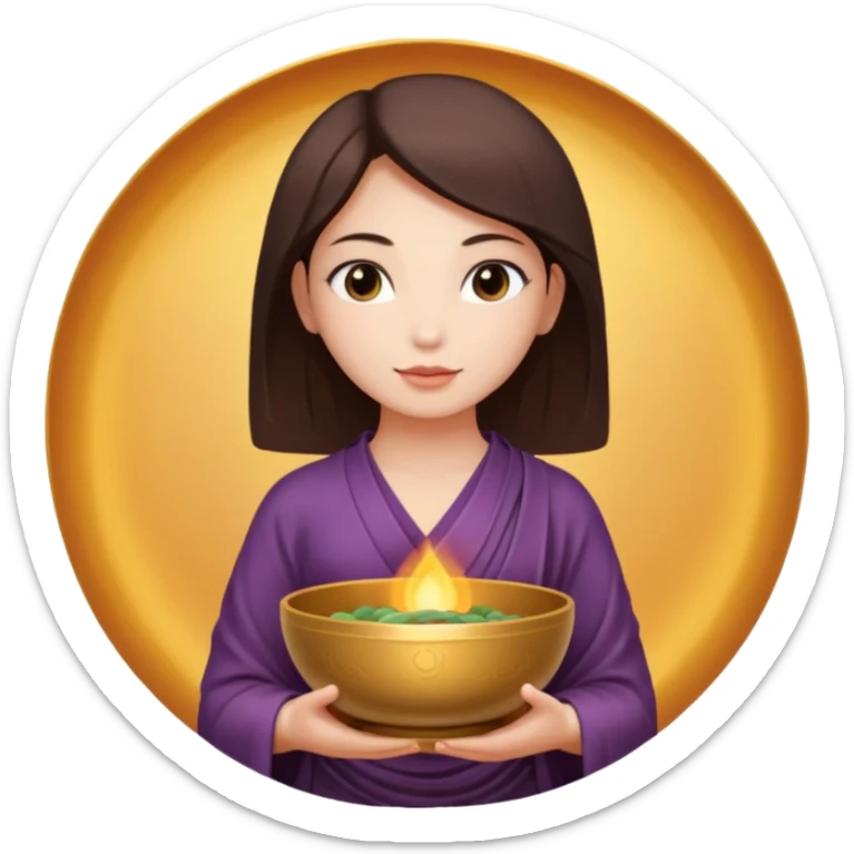 A woman  holds a Buddhist bowl in her hands. There is a glow around the girl. sticker