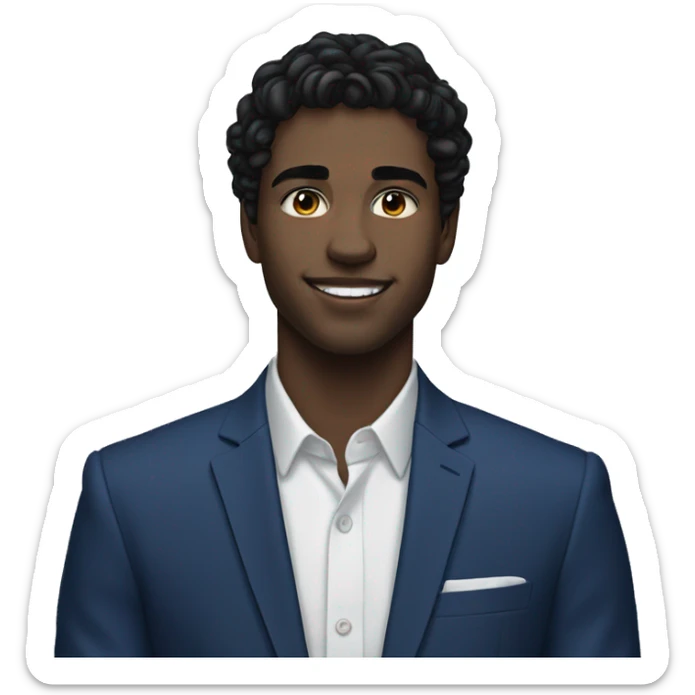 26 year old male portrait, small yes, black wavy hair, blue suits, class, white skin sticker