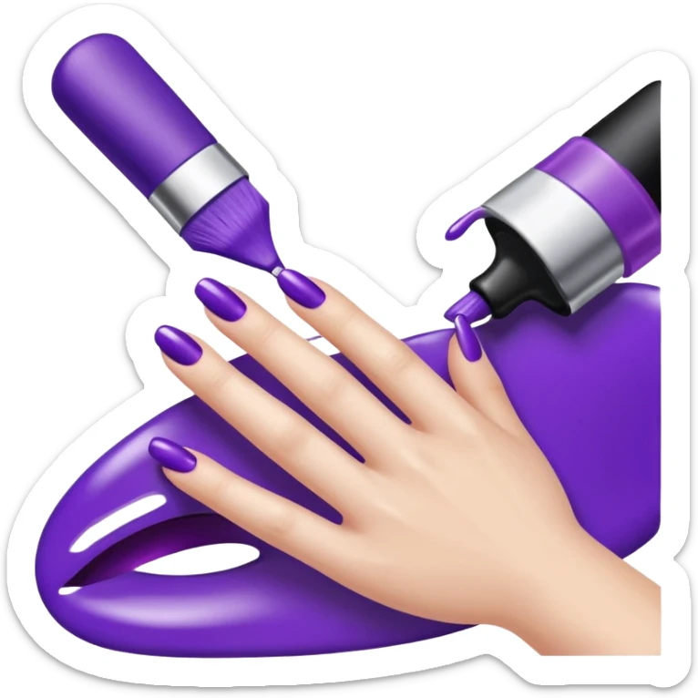 A close-up illustration of a hand with long, glossy purple-painted nails. A nail polish brush is shown applying purple polish to one of the nails, with smooth, clean strokes. The style is bright, polished, and emoji-like, emphasizing nail care, beauty, and manicure aesthetics. sticker