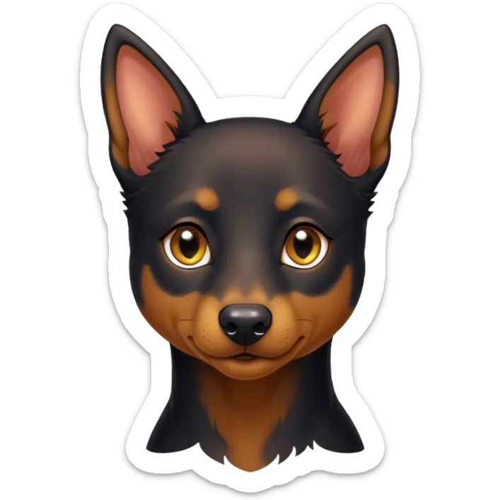 Cinematic Noble Black and Tan Kelpie Portrait Emoji, Poised and regal, with a strong, agile build and a glossy, well-groomed Fur of deep black and tan accents, piercing dark eyes, Simplified yet sharp and sophisticated features, highly detailed, glowing with a soft, dignified glow, high shine, intelligent and energetic, stylized with an air of determination, focused and attentive, soft glowing outline, capturing the essence of a watchful and confident herder, so majestic it feels as though it could bound out of the screen with effortless authority! sticker