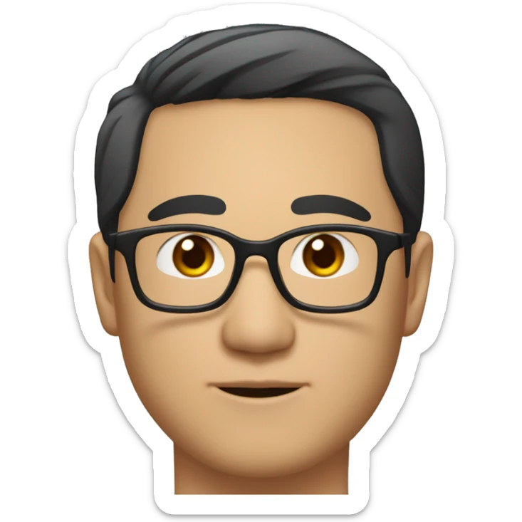 A head and shoulders shot of a 37 year old Asian man, with short black hair,  wearing glasses with brown eyes wearing a t-shirt. sticker