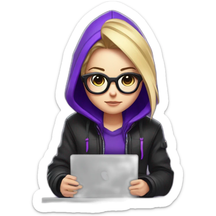 Girl blond artist with round glasses left side behind his laptop with this style: valorant riot Game purple character purple black hooded hacker themed character sticker
