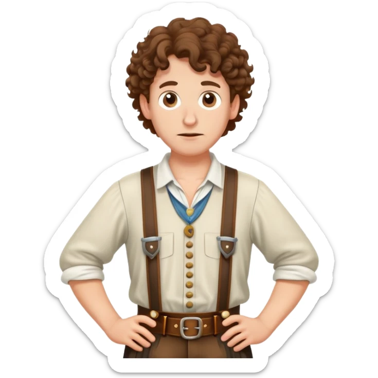 German person with brown curly hair in typical Bavarian clothing (lederhosen) shrugging and looking lost sticker