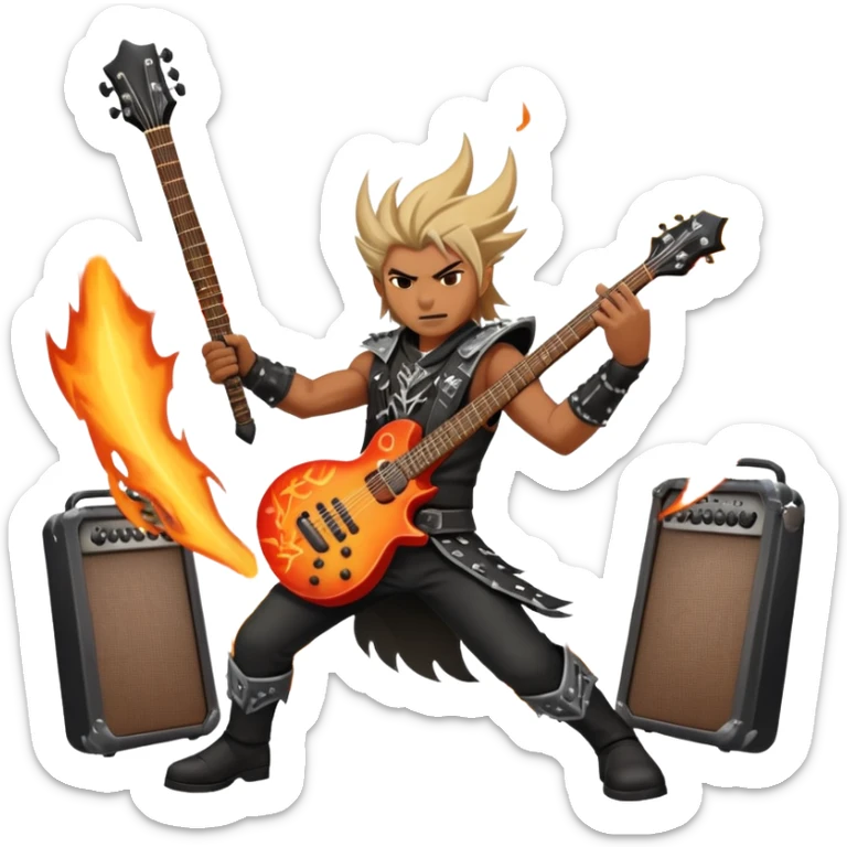An icon showing a rock musician wielding a guitar in an epic battle, inspired by Brutal Legend. The design features fiery backgrounds, musical notes floating in the air, and electrifying stage lights, capturing the power of music and combat. Transparent background highlights the energy. sticker