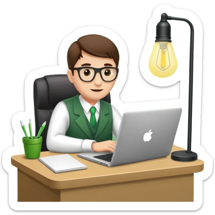 Mach mir einen Trader mit Anzug der mit seinem Laptop am schreibtisch sitzt mit so einer alten grünenlampenschirm lampe sticker