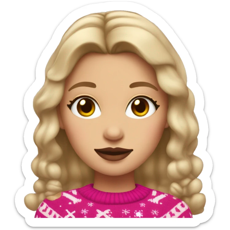 dark blond hairwd girl with christmas sweater and raindeer horns and pink lipstick sticker