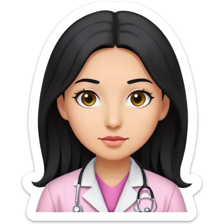 Female doctor wearing pink undershirt and lab coat with long black hair and olive skin sticker
