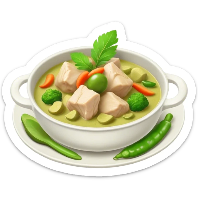 Green Chicken Curry Cinematic Realistic Green Chicken Curry Dish Emoji, depicted as tender chicken chunks simmered in a fragrant green curry sauce with vegetables, rendered with vivid textures and dynamic, vibrant lighting. sticker