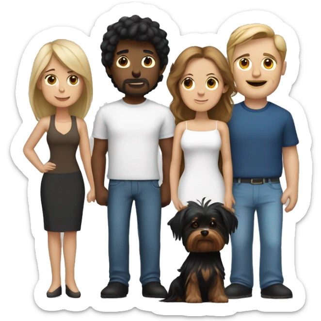 A white man with black hair, a white woman with brown hair, a Yorkshire terrier and a black dog with white breasts sticker