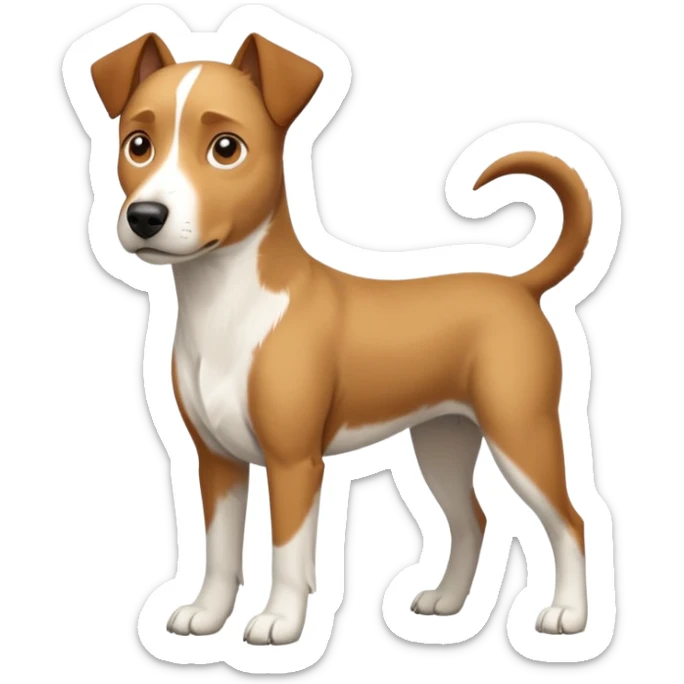 a full body large white parson russell looking dog the size of a kelpie with light brown flapped down ears and a light brown patch on one eye and a large snout sticker