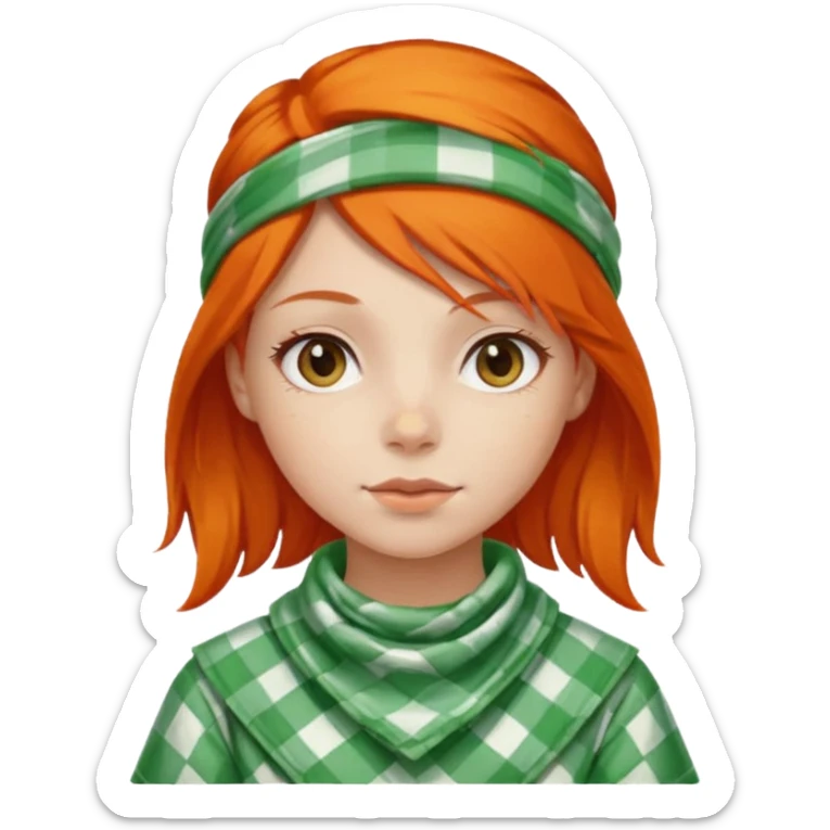 girl orange hair, wear red and white checkered bandana, green dress sticker