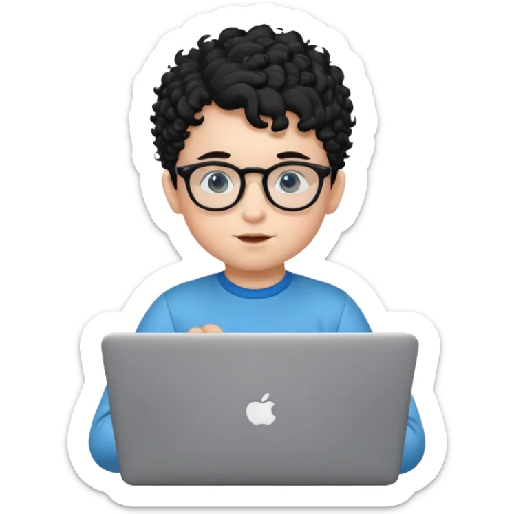 A baby boy DEVELOPER WITH A laptop, black curly hair and topknot, wearing glasses sticker