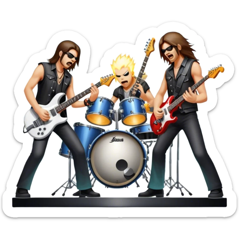Icon for Heavy Metal Music: 4 men band on stage with electric guitars, drums and intense lighting. Musicians headbanging, surrounded by energy and stage effects, capturing the power and intensity of a metal concert. Transparent background. sticker