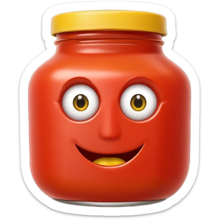 Un tarro de salsa de tomate y un tarro de salsa de mostaza al uno al lado del otro, los dos tarros con ojos sticker