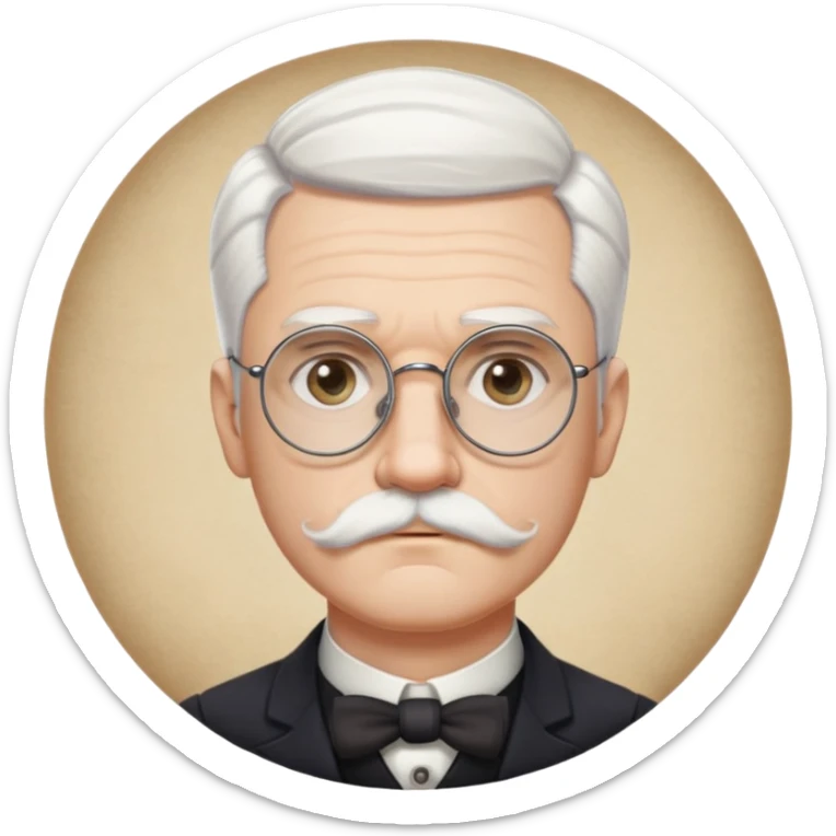 Hair: Likely a neat, early 1900s style haircut, possibly parted to the side.
Facial Hair: He had a mustache in some photos.
Eyesight: He wore round or oval glasses.
Demeanor: He often had a serious, thoughtful expression, white hair and white mustache sticker