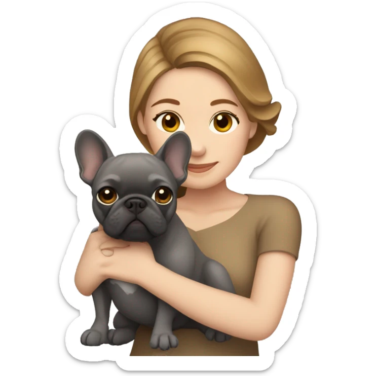 light brown hair woman hugging a dark gray french bulldog sticker