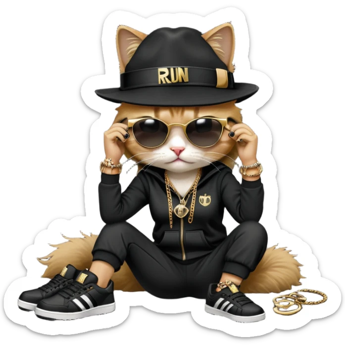 female cat dressed like Run DMC with tracksuit, fedora, Adidas shoes, dark sunglasses, lots of gold chains, rings, bracelets, earrings, lying on the ground, distressed and crying sticker