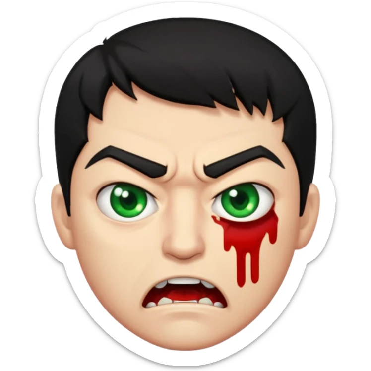 guy with black hair and blood at the mouth with green eyes very angry sticker