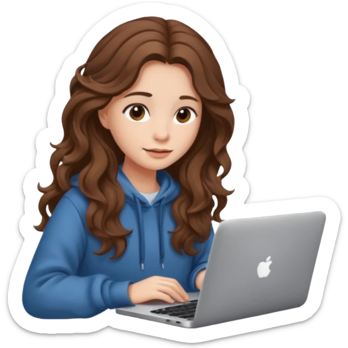 make a picture in ios 18 style of a girl with brown long wavy hair wearing cozy clothes and working on a laptop sticker