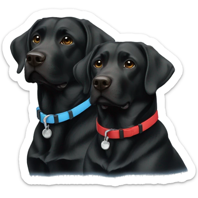 2 happy adult black labradors side by side, one with red colour, other with light blue collar sticker